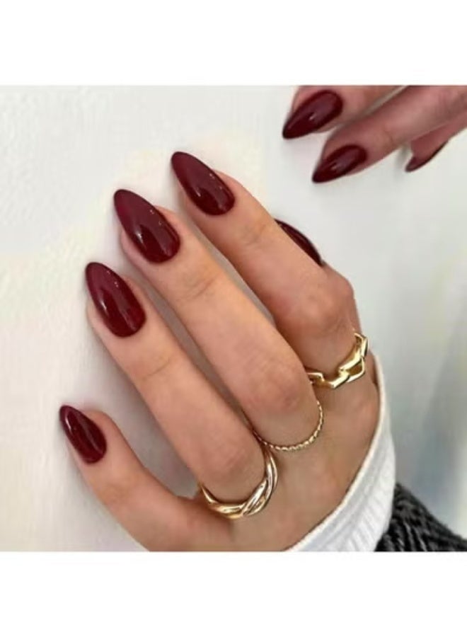 24 قطعة من أظافر الضغط باللون الأحمر النبيذي - أظافر أكريليك صناعية لامعة متوسطة الحجم بلون اللوز، قابلة لإعادة الاستخدام، تغطية كاملة، أظافر لاصقة للنساء، ديكور مانيكير منزلي الصنع - Image 1